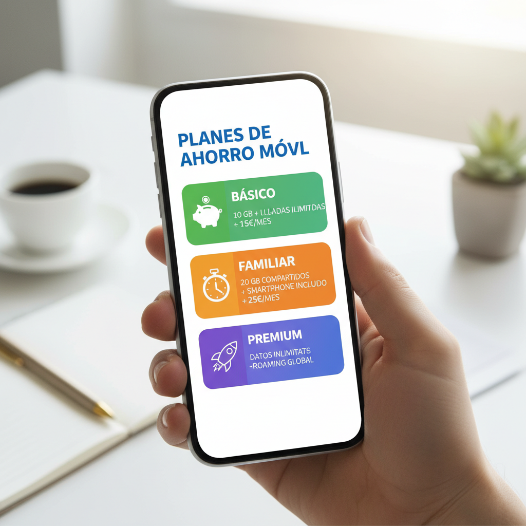 Una mano sostiene un teléfono móvil que muestra tres opciones de planes de ahorro móvil con diferentes precios y beneficios.