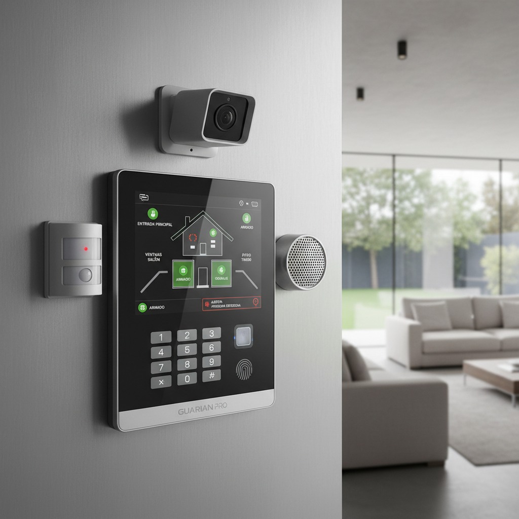 Panel de control de seguridad inteligente con pantalla táctil, cámara y sensor de movimiento instalado en la pared de una sala de estar moderna.