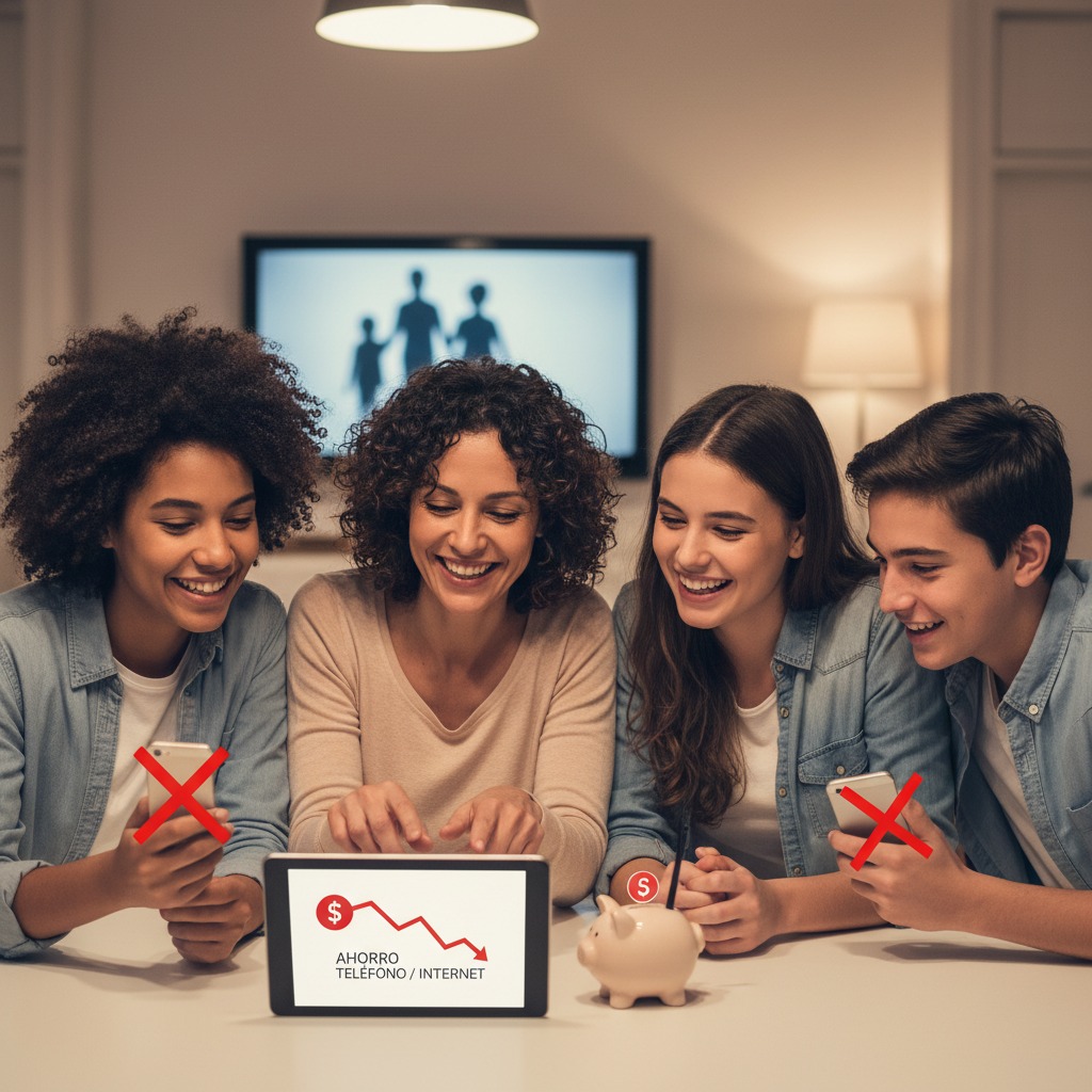 Una familia sonriente mira una tableta que muestra un gráfico de ahorro en servicios de telefonía e internet junto a una hucha.